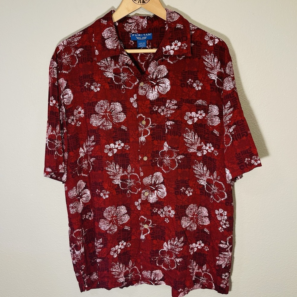 Puritan Men's Hawaii Shirt Hibiscus Short Sleeve Button Up Red White Resort Sz L